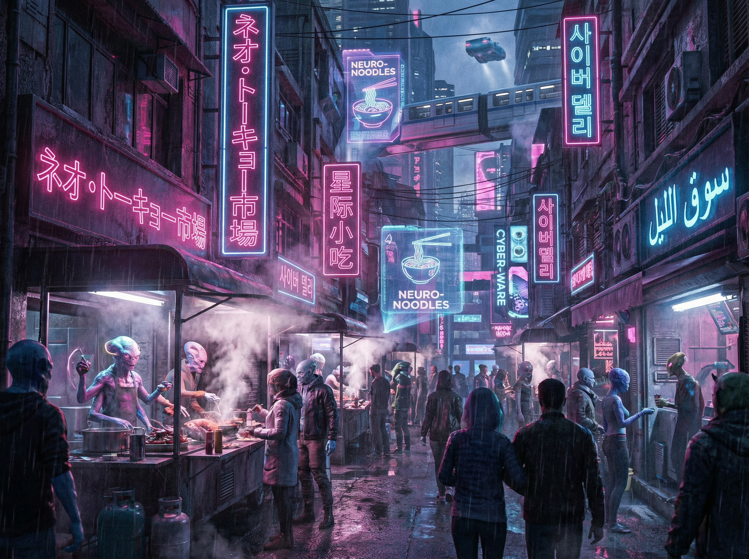 c7娱乐 - 赛博朋克夜市外星集市概念艺术